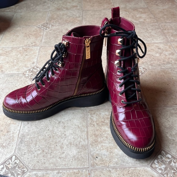 Michael Kors Burgundy Croc-Embossed Lace-Up Platform Boots - Picture 4 of 6